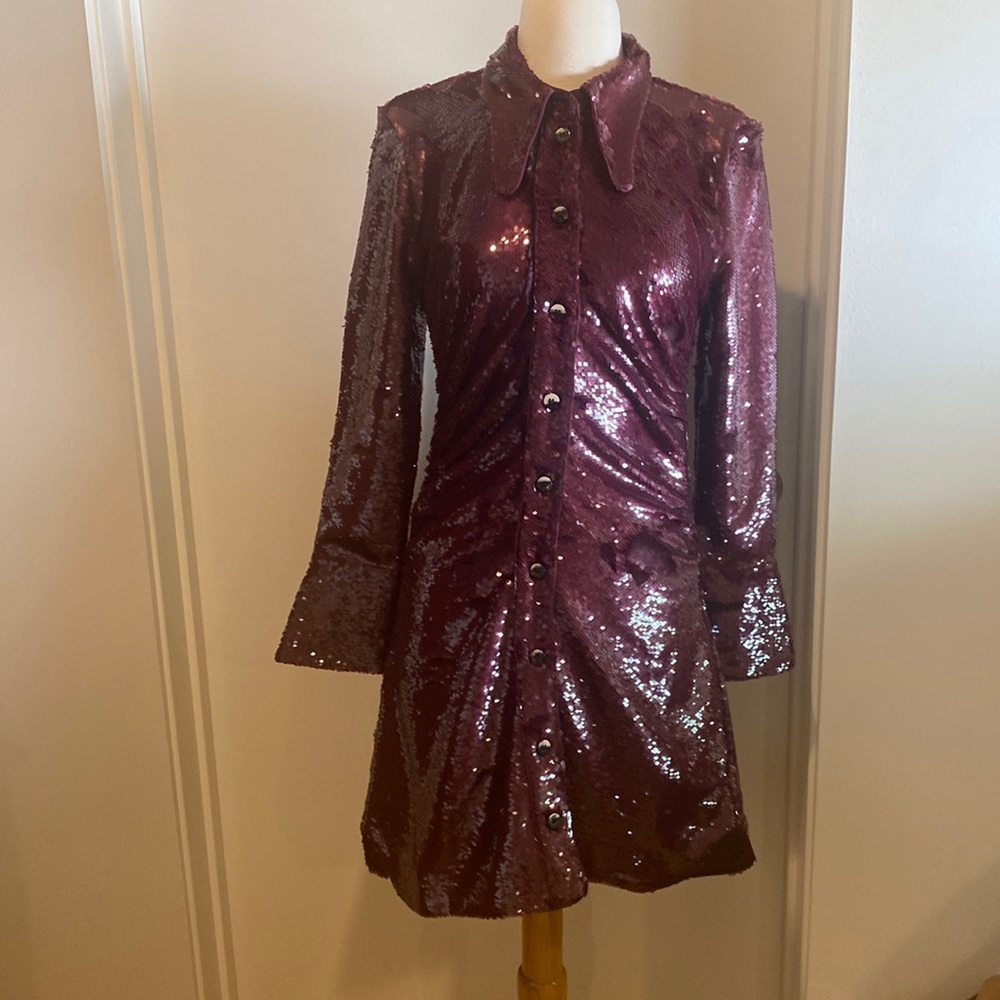 Ganni burgundy sequin shirt dress.